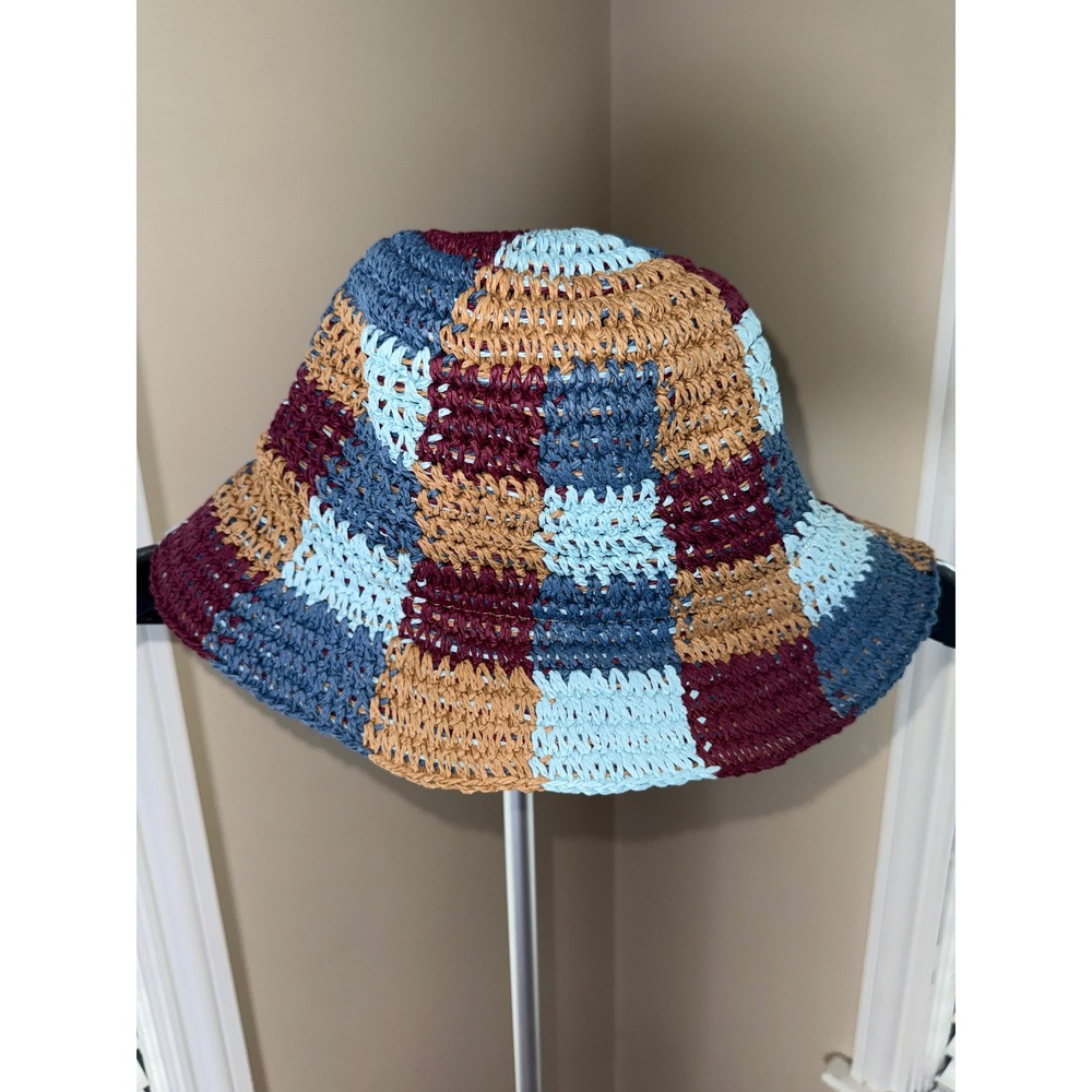 Wyeth Gabby Multi Color Checkered Paper Straw Bucket Hat NWT JA1211-25 OS